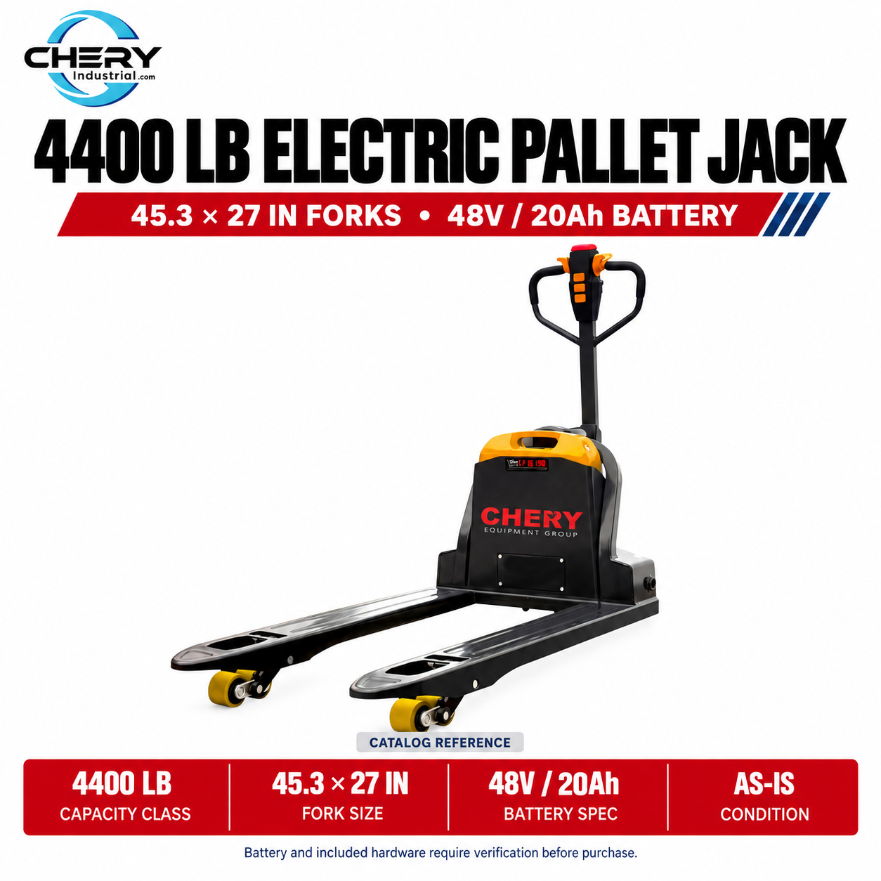 Unused 4400lbs Electric Pallet Jack, 45"x27" Fork