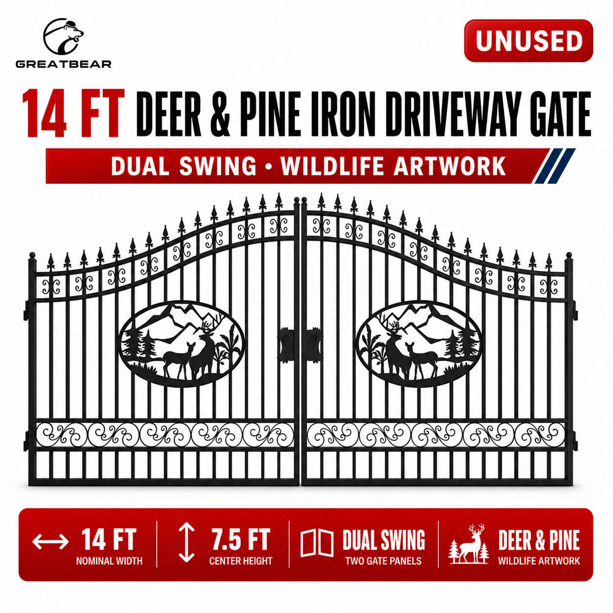 Unused Greatbear Iron Gate 14' - Deer & Pine (Deer Decor) - EPE foam (MSRP: $2,400)
