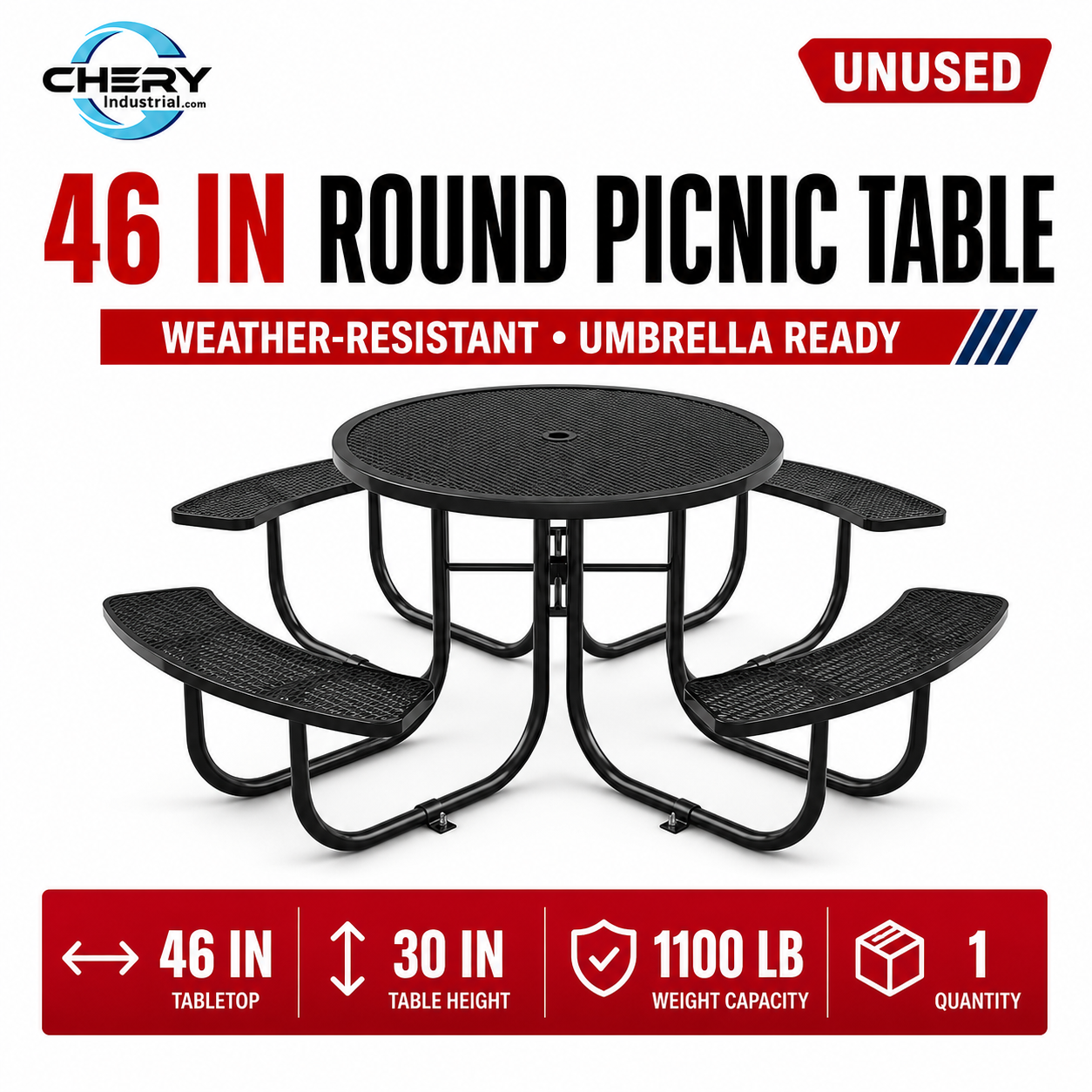 Unused Expanded metal round picnic table with umbrella hole Black Box 3 (MSRP: $799)