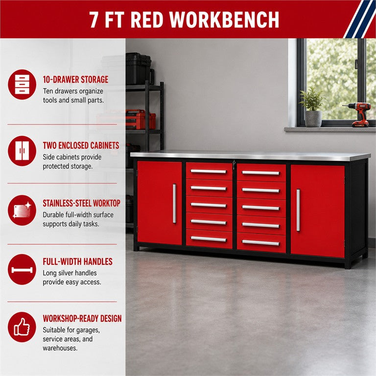 Unused Chery Industrial Work Bench 7ft-10D-2 Red (MSRP: $2,599)