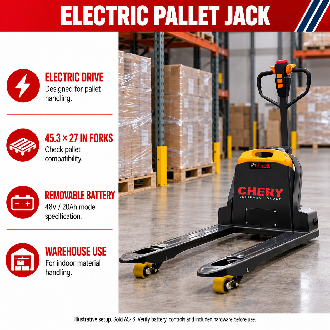 Unused 4400lbs Electric Pallet Jack, 45"x27" Fork