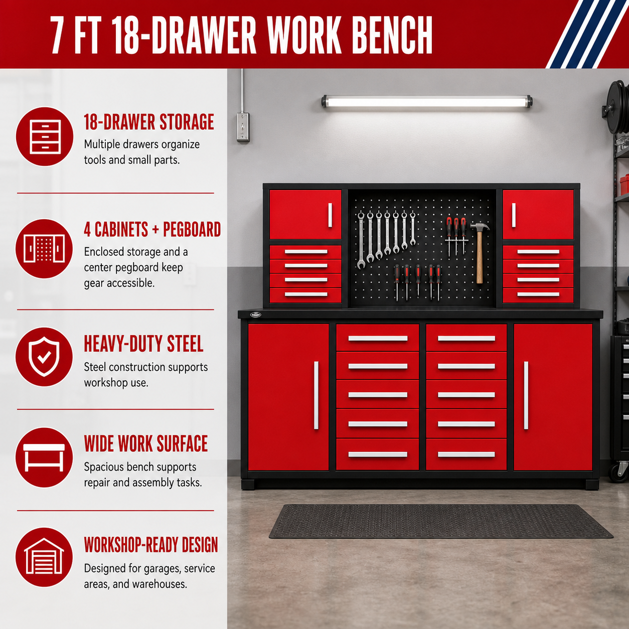 Unused Chery Industrial Work Bench 7ft-18D Red (MSRP: $2,999)