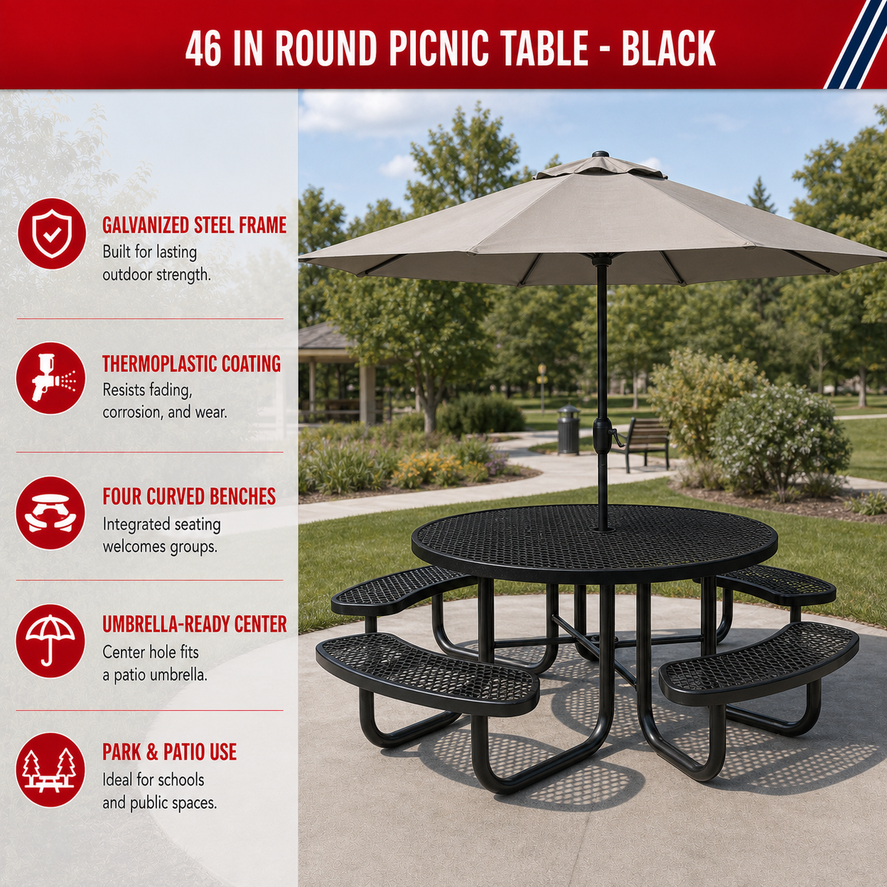 Qty of (2) Unused 46" Round Picnic Tables With Umbrella Hole Black (MSRP $1798)