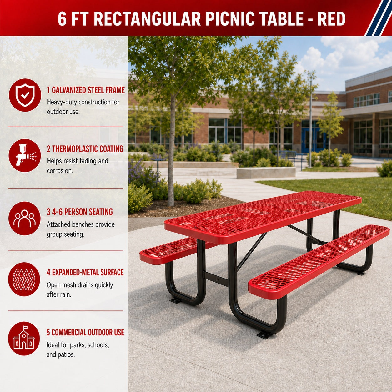 Unused 6ft Rectangle Picnic Table With Umbrella Hole Red（MSRP $839）