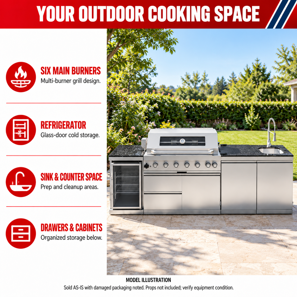 Unused 101" 6-Burner 85,000 BTU Outdoor Kitchen Island Grill with Storage Cabinets & Drawers