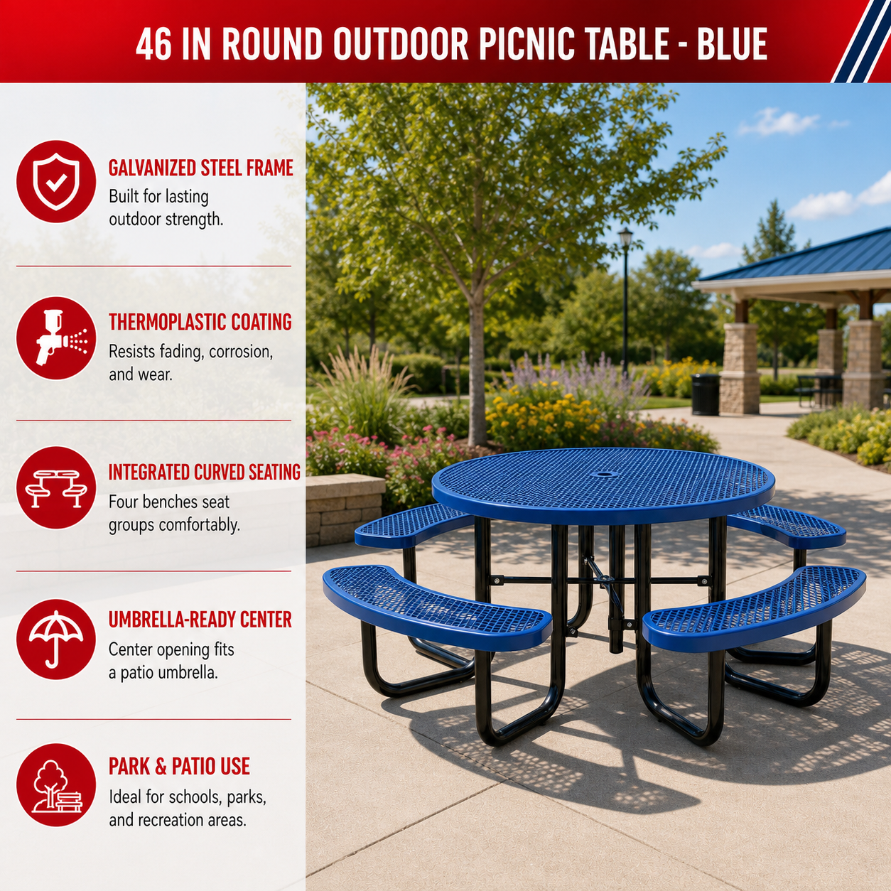 Qty of (2) Unused 46" Round Picnic Tables With Umbrella Hole Blue (MSRP $1798)