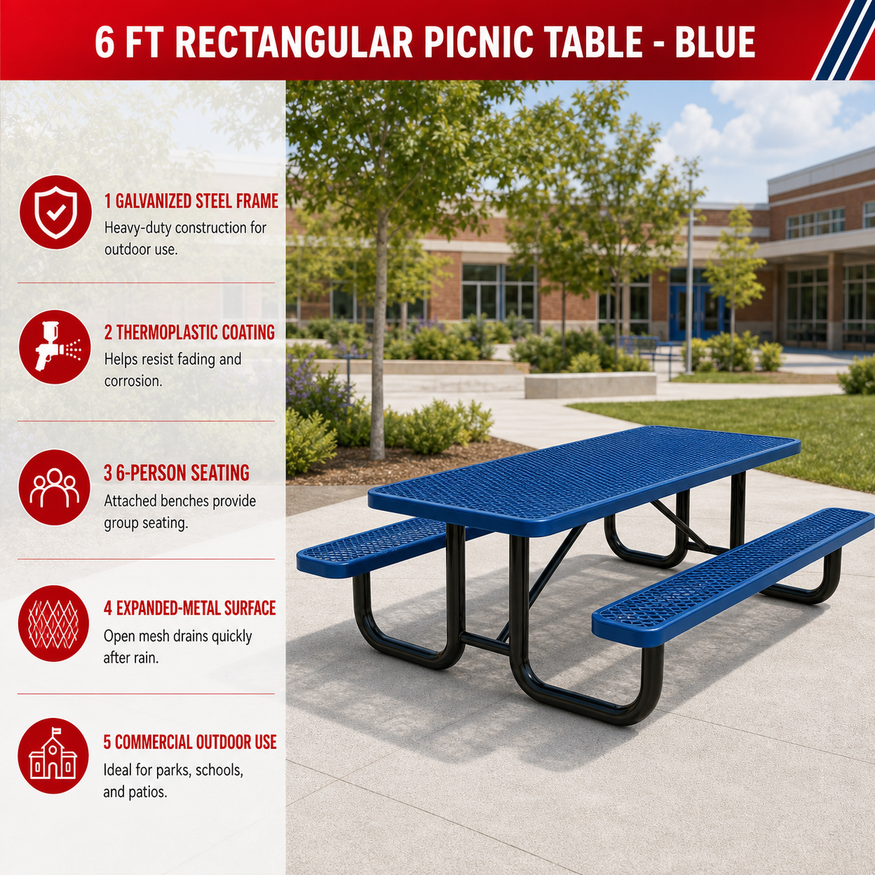 Qty of (2) Unused 6 ft Metal Picnic Tables for Outdoors (MSRP: $1,678)