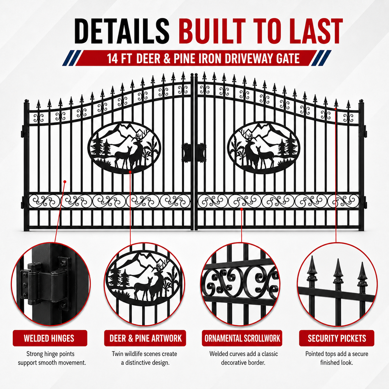 Unused Greatbear Iron Gate 14' - Deer & Pine (Deer Decor) - EPE foam (MSRP: $2,400)