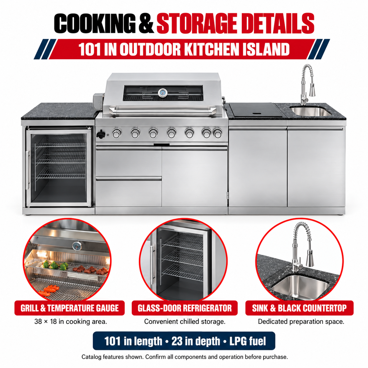 Unused 101" 6-Burner 85,000 BTU Outdoor Kitchen Island Grill with Storage Cabinets & Drawers