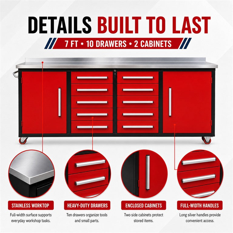 Unused Chery Industrial Work Bench 7ft-10D-2 Red (MSRP: $2,599)