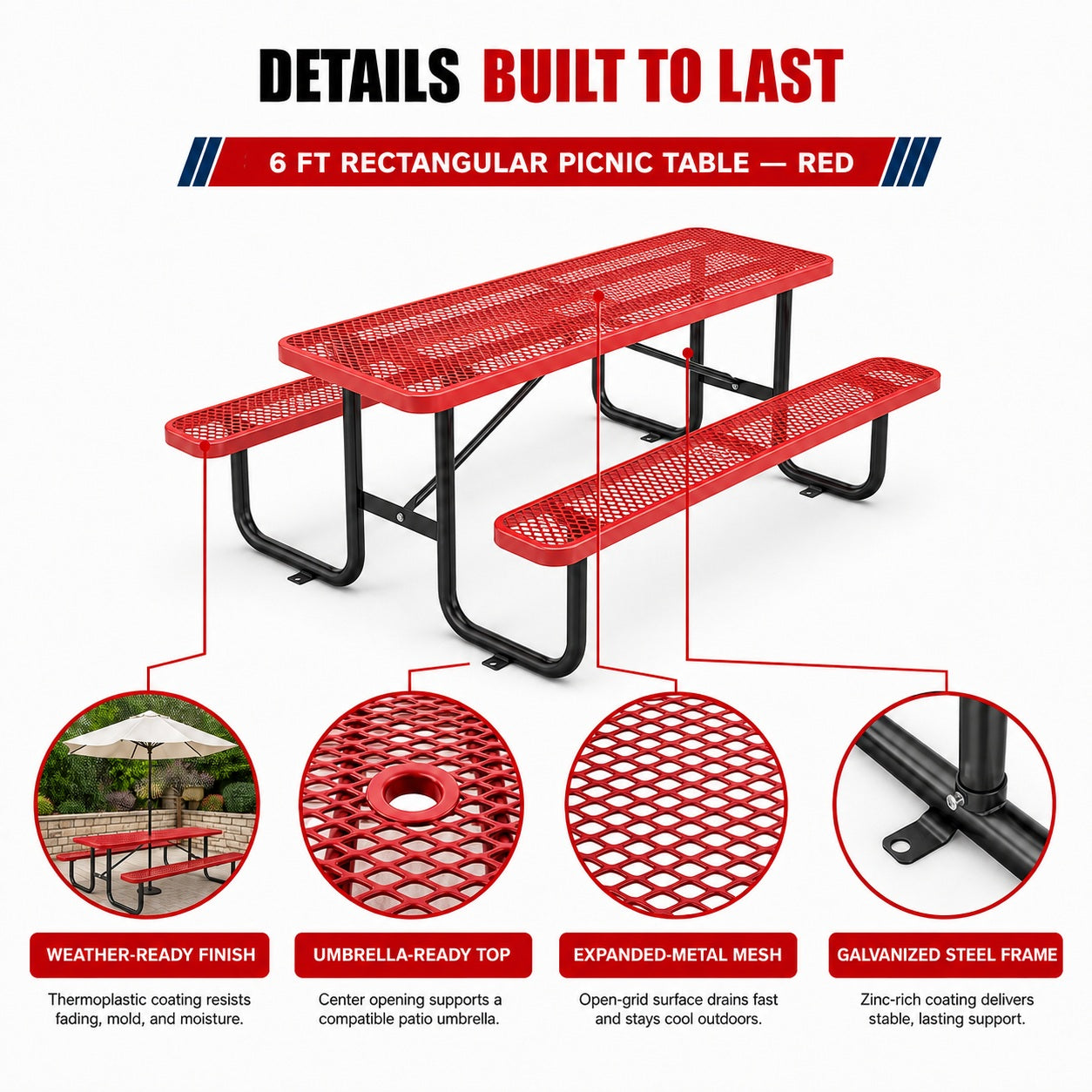 Unused 6ft Rectangle Picnic Table With Umbrella Hole Red（MSRP $839）