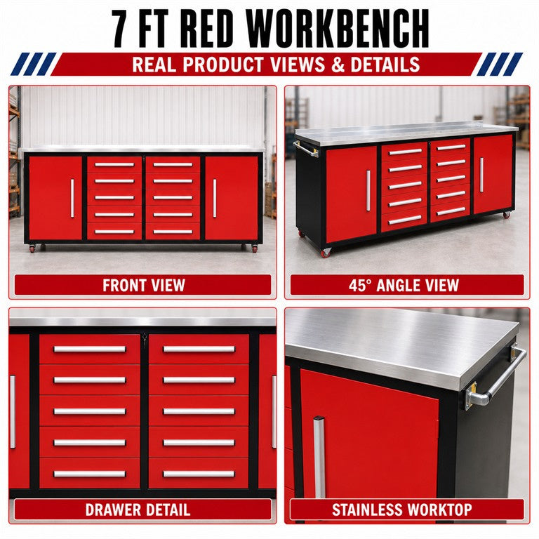 Unused Chery Industrial Work Bench 7ft-10D-2 Red (MSRP: $2,599)