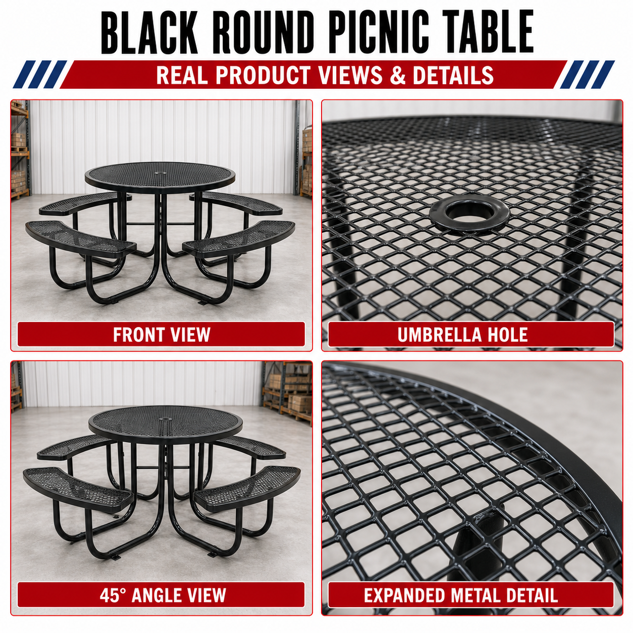 Qty of (2) Unused 46" Round Picnic Tables With Umbrella Hole Black (MSRP $1798)