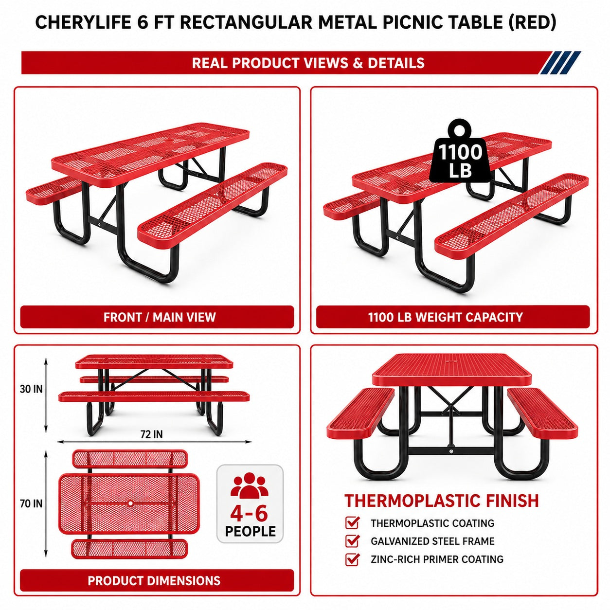 Unused 6ft Rectangle Picnic Table With Umbrella Hole Red（MSRP $839）