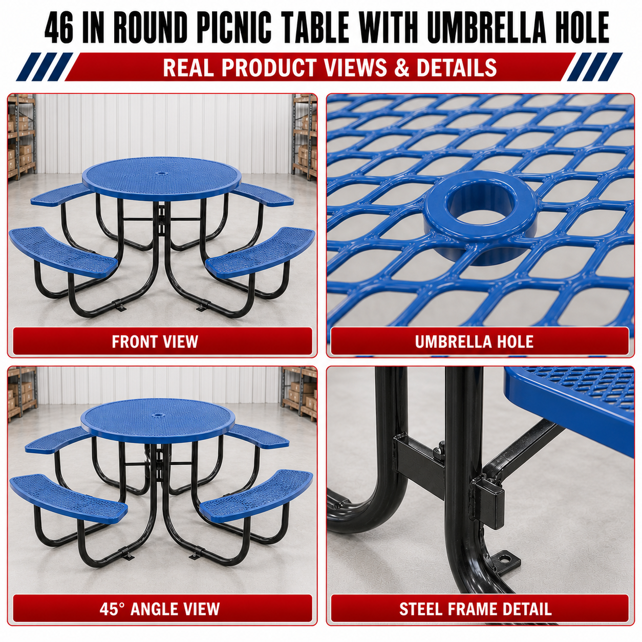 Qty of (2) Unused 46" Round Picnic Tables With Umbrella Hole Blue (MSRP $1798)