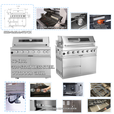 Unused 101" 6-Burner 85,000 BTU Outdoor Kitchen Island Grill with Storage Cabinets & Drawers