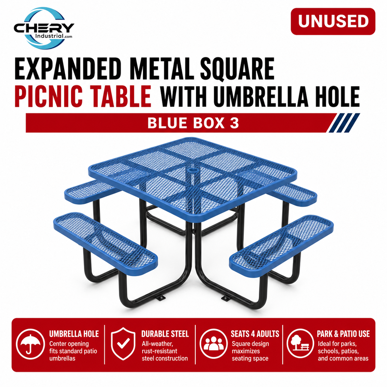 Unused Expanded metal square picnic table with umbrella hole Blue Box 2 (MSRP: $799)