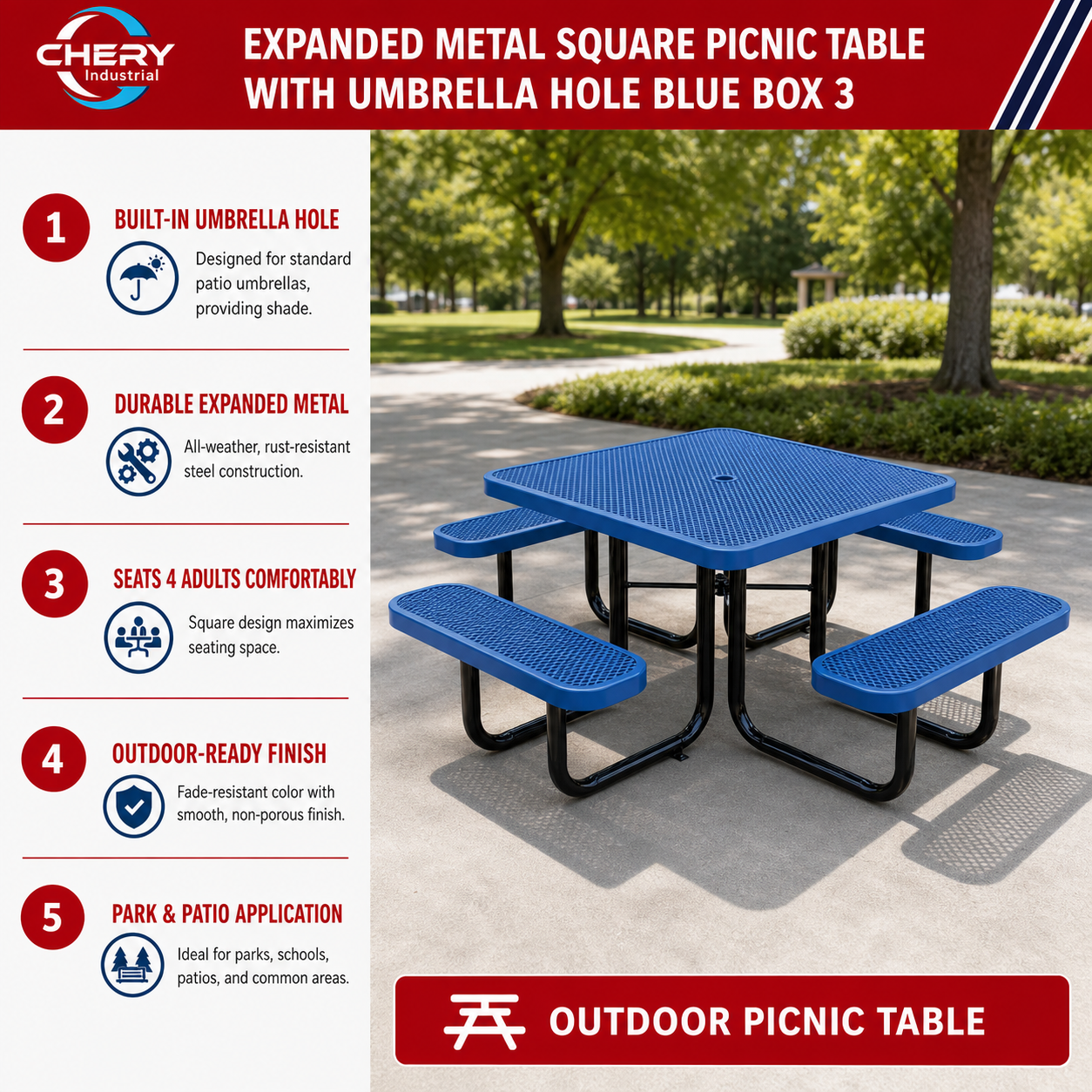 Unused Expanded metal square picnic table with umbrella hole Blue Box 1 (MSRP: $799)