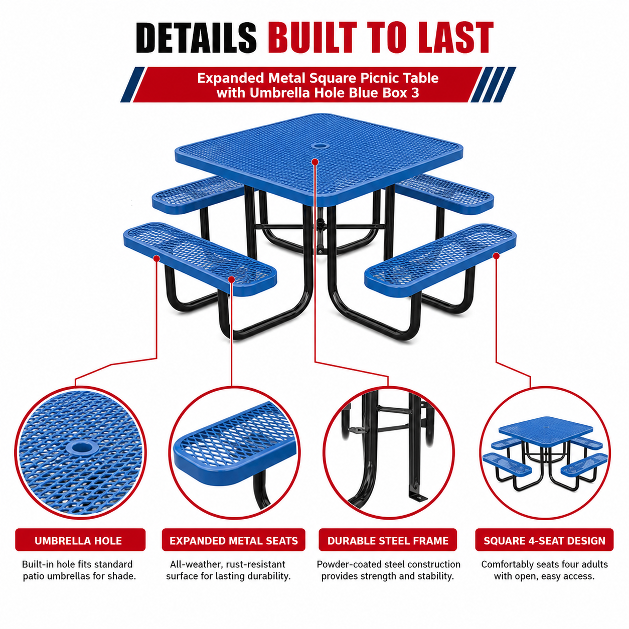 Unused Expanded metal square picnic table with umbrella hole Blue Box 2 (MSRP: $799)