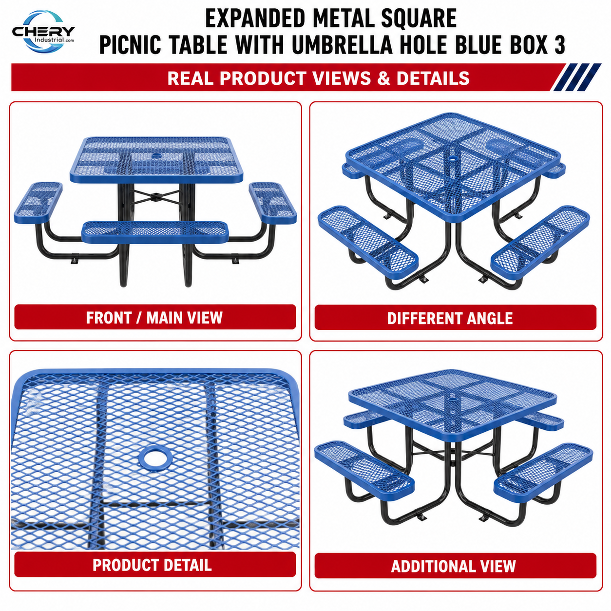 Unused Expanded metal square picnic table with umbrella hole Blue Box 2 (MSRP: $799)