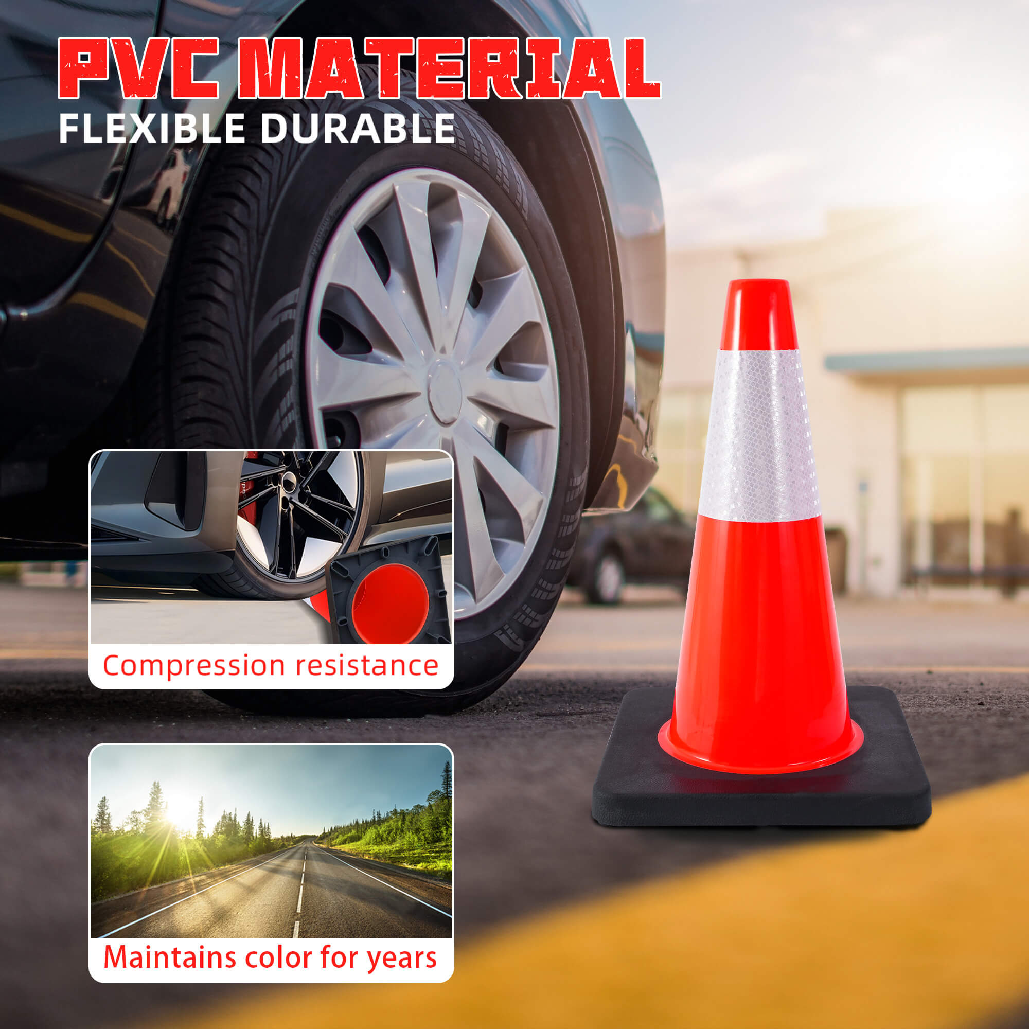 18" Traffic Safety Cones, Orange Parking Cone with Reflective Collars