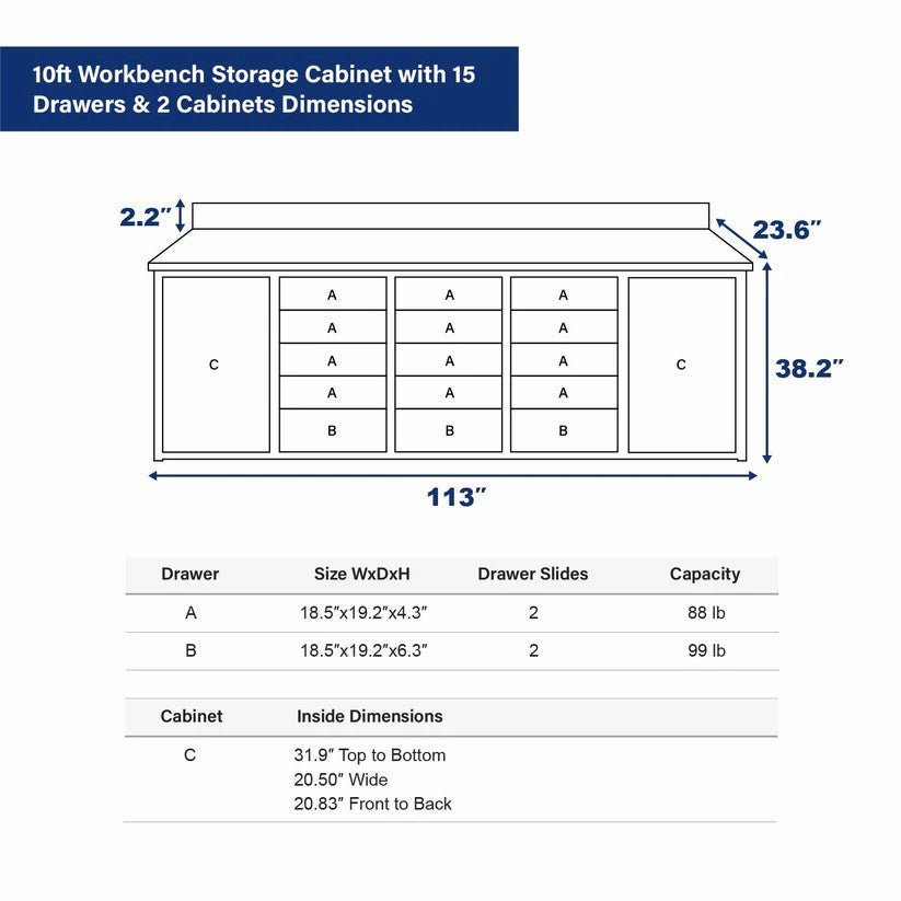 Work Bench 10FT-15D-2 01C wheels & side handles