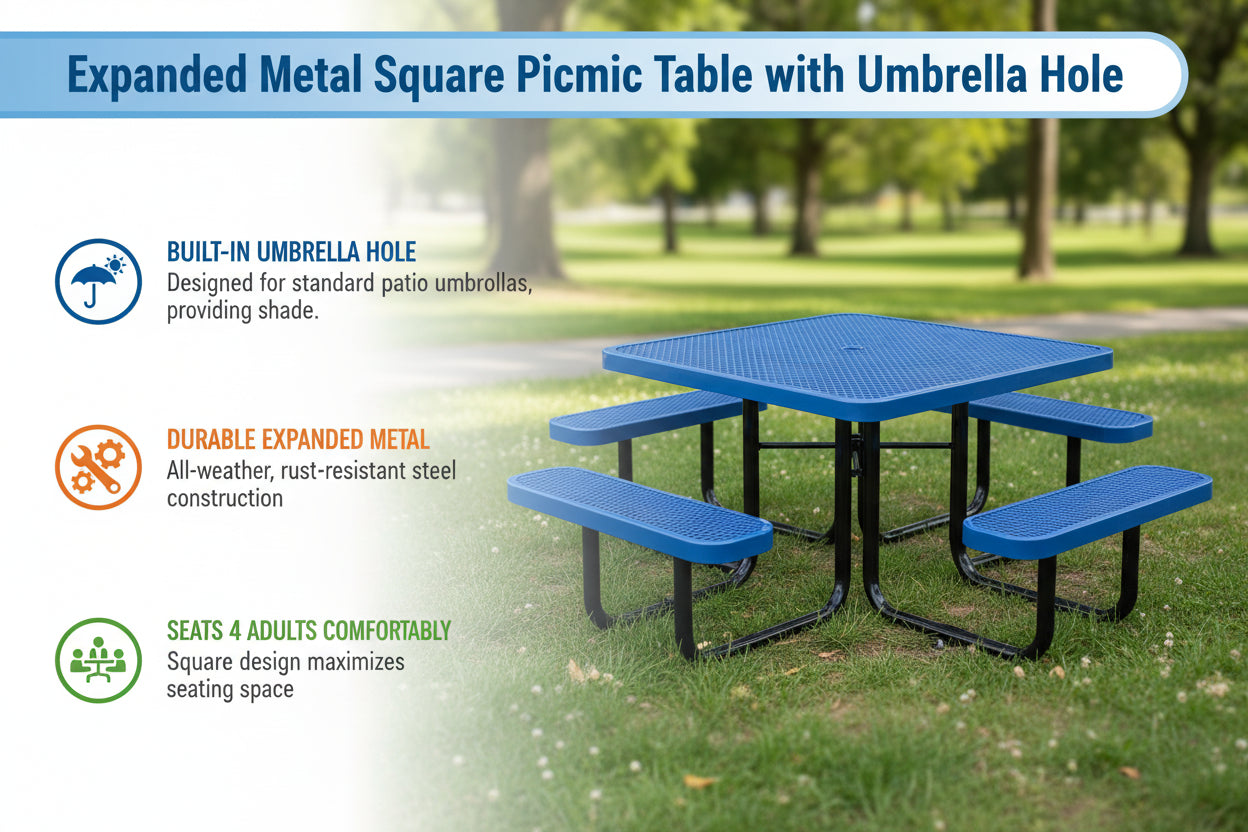 Unused Expanded metal square picnic table with umbrella hole Blue Box 3 (MSRP: $799)