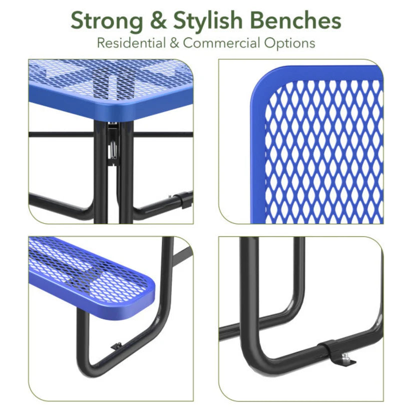 Unused Expanded metal square picnic table with umbrella hole Blue Box 3 (MSRP: $799)