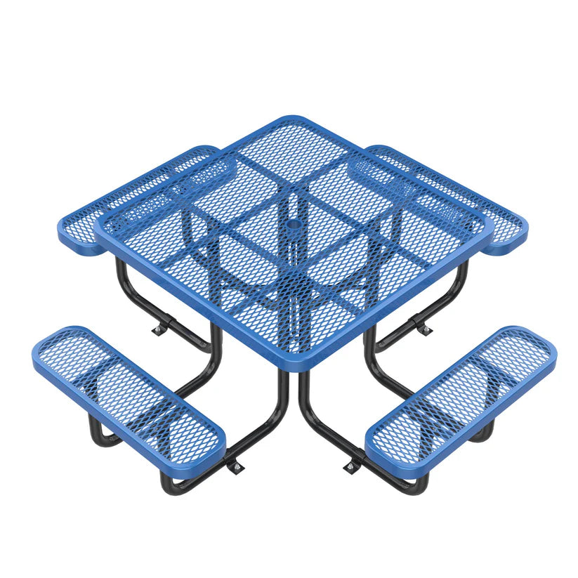Unused Expanded metal square picnic table with umbrella hole Blue Box 3 (MSRP: $799)