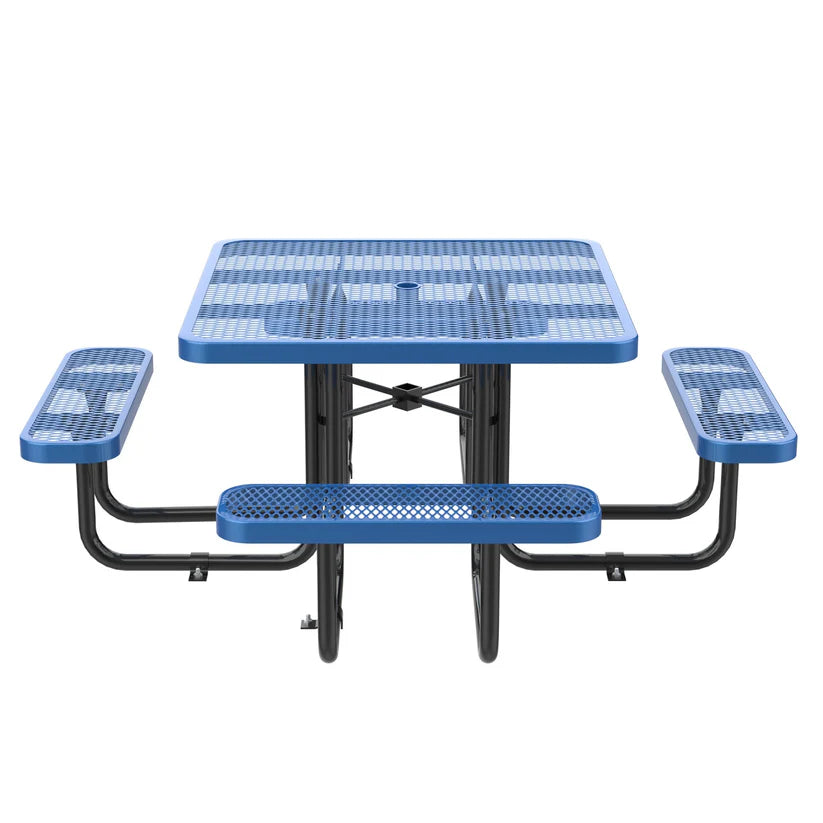 Unused Expanded metal square picnic table with umbrella hole Blue Box 3 (MSRP: $799)