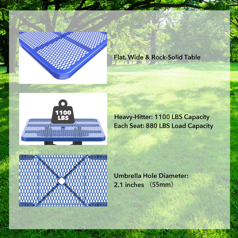 Unused Expanded metal square picnic table with umbrella hole Blue Box 3 (MSRP: $799)