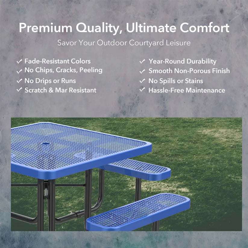 Unused Expanded metal square picnic table with umbrella hole Blue Box 3 (MSRP: $799)