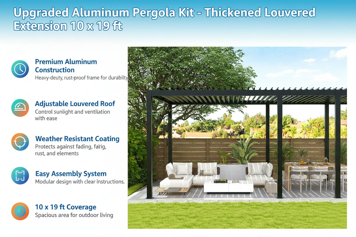 Unused Upgraded Aluminum Pergola Kit Thickened Louvered Extension 10 x 19 ft