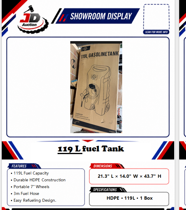 Unused 119L Gas Caddy With Wheels, Fuel Storage Tank