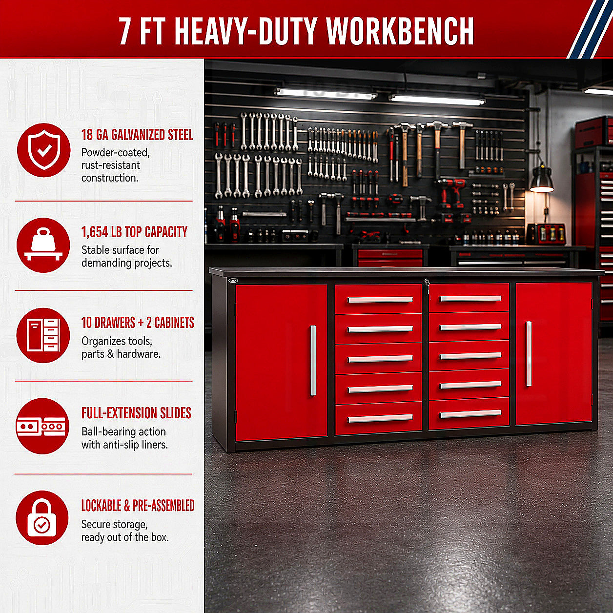 Unused Chery Industrial Work Bench 7ft-10D-2 Red (MSRP: $2,599)