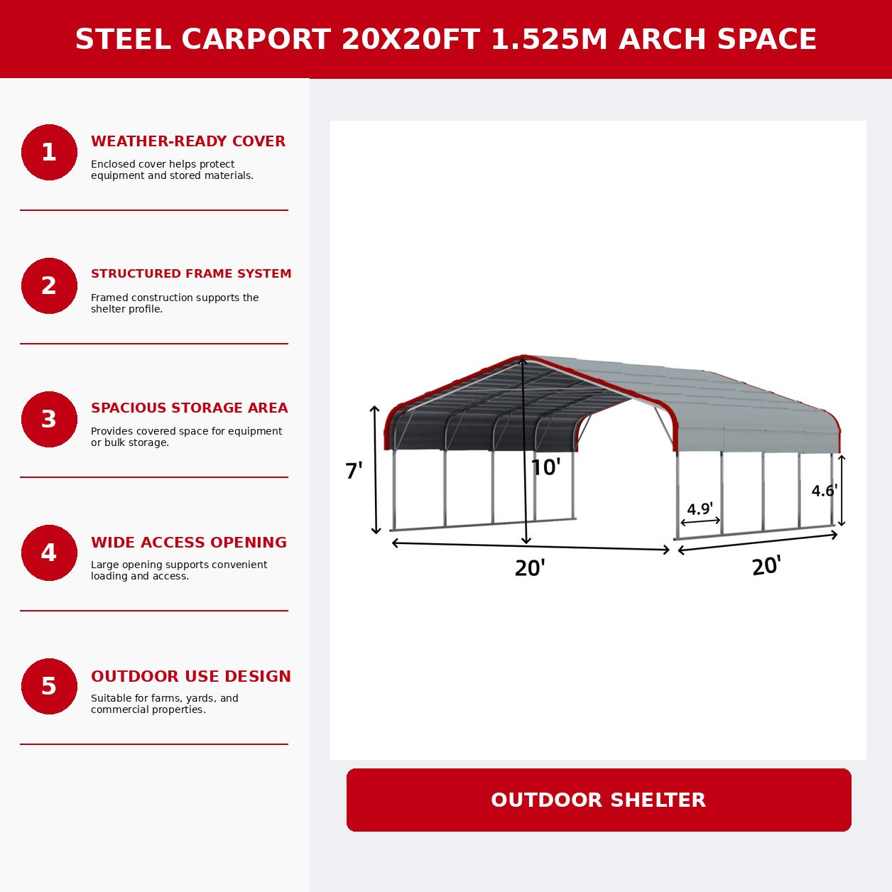 Unused Steel Carport 20x20ft 1.525m Arch space (MSRP: $2,890)