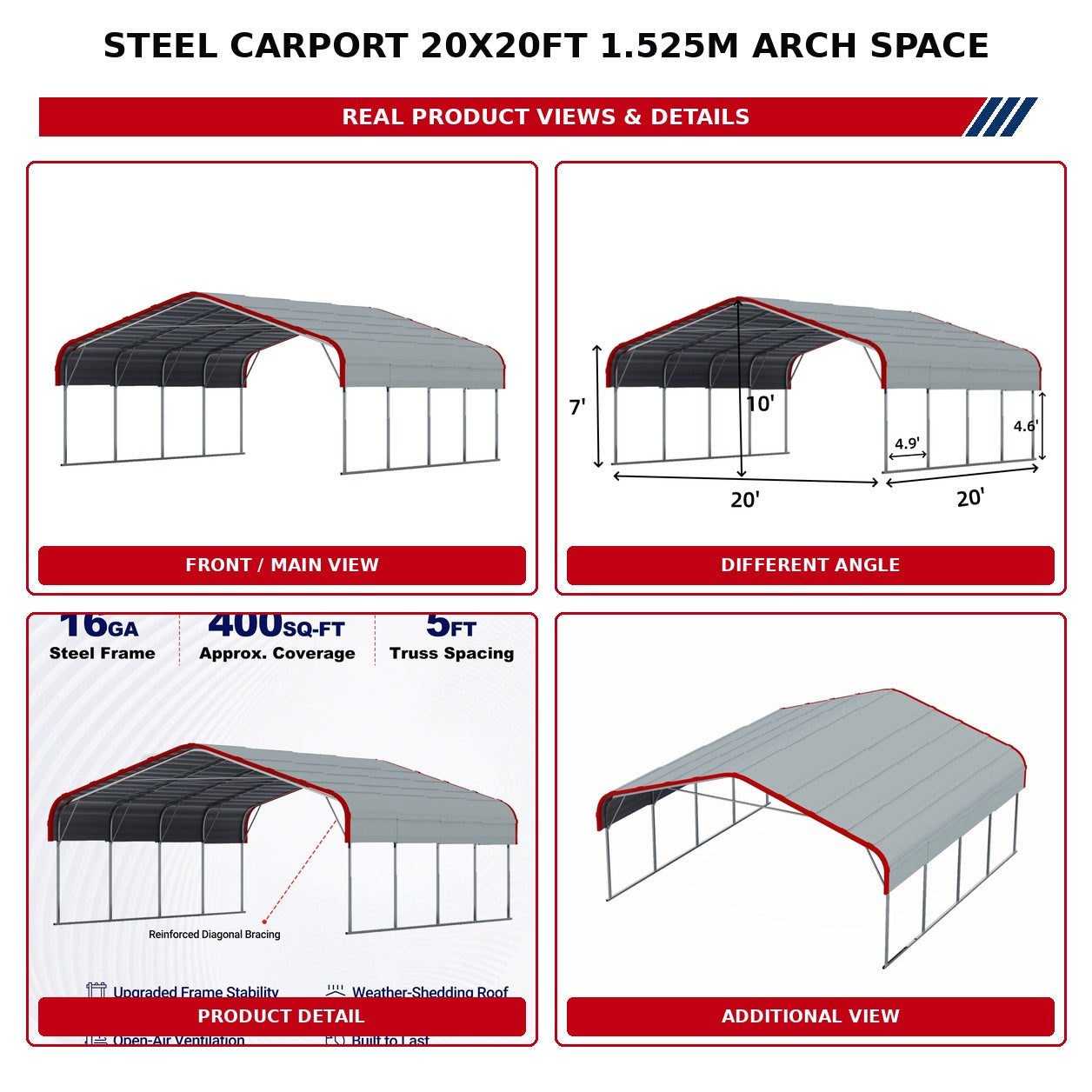 Unused Steel Carport 20x20ft 1.525m Arch space (MSRP: $2,890)