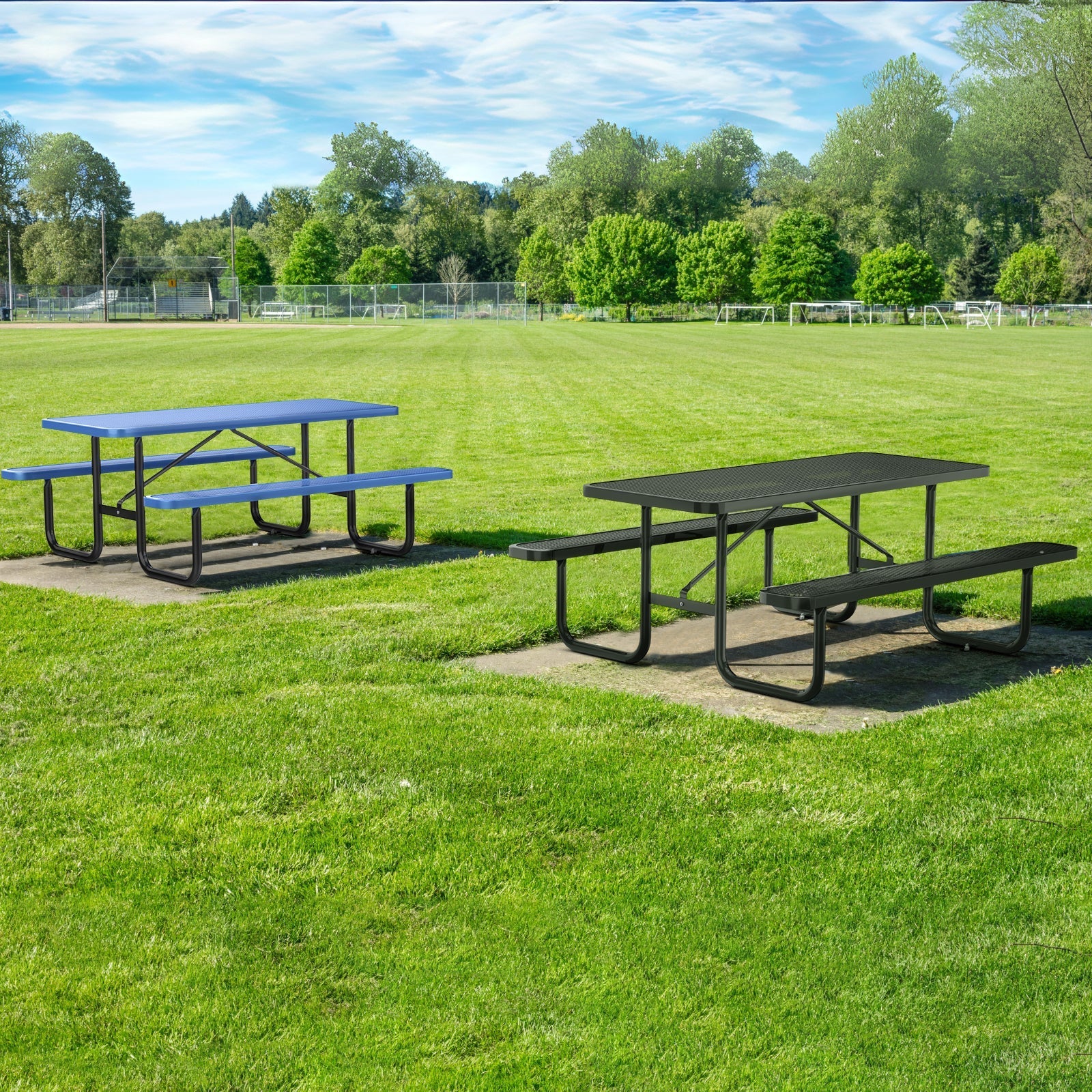 Qty of (2) Unused 6 ft Metal Picnic Tables for Outdoors (MSRP: $1,678)