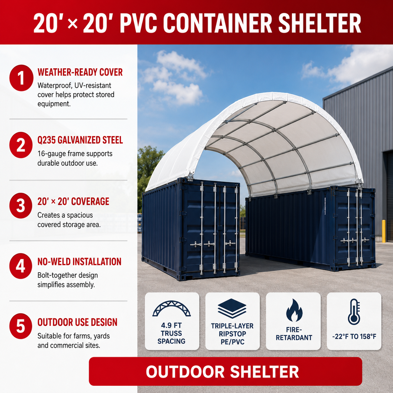 Unused Shipping Container Canopy Shelter 20'x20' 300g(11oz) PE (MSRP: $1,899)