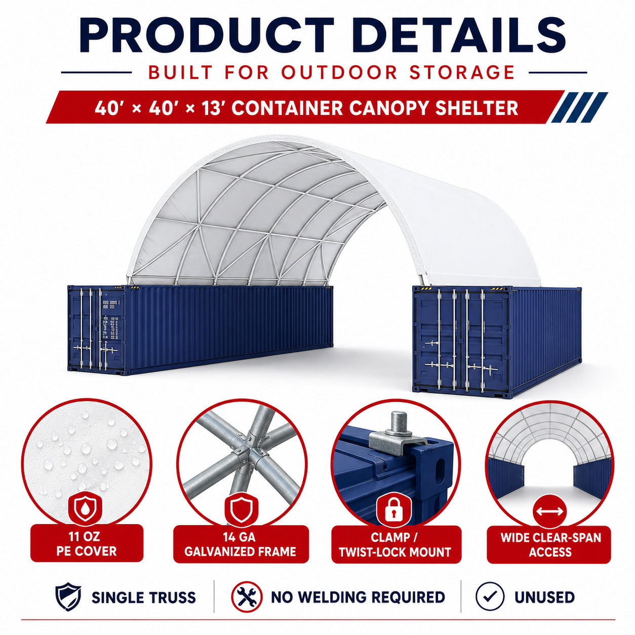 Unused Shipping Container Canopy Shelter 40'x40'x13' 300g(11oz) PE (MSRP: $5,700)