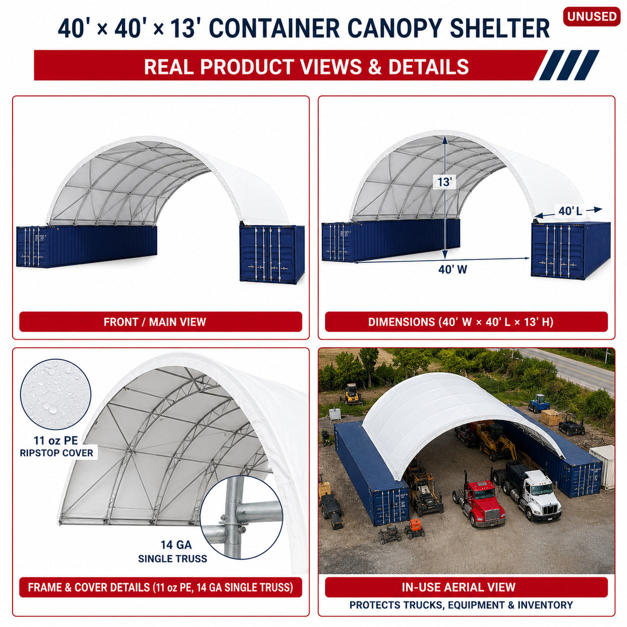 Unused Shipping Container Canopy Shelter 40'x40'x13' 300g(11oz) PE (MSRP: $5,700)