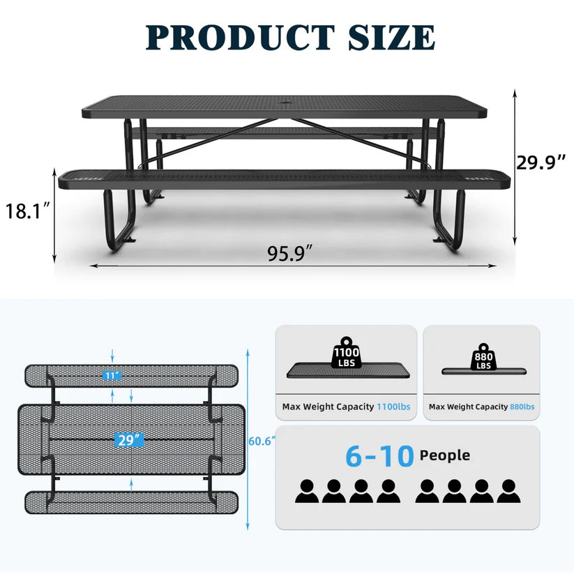 Unused 8ft picnic table with umbrella hole Black box 1 (MSRP: $950)