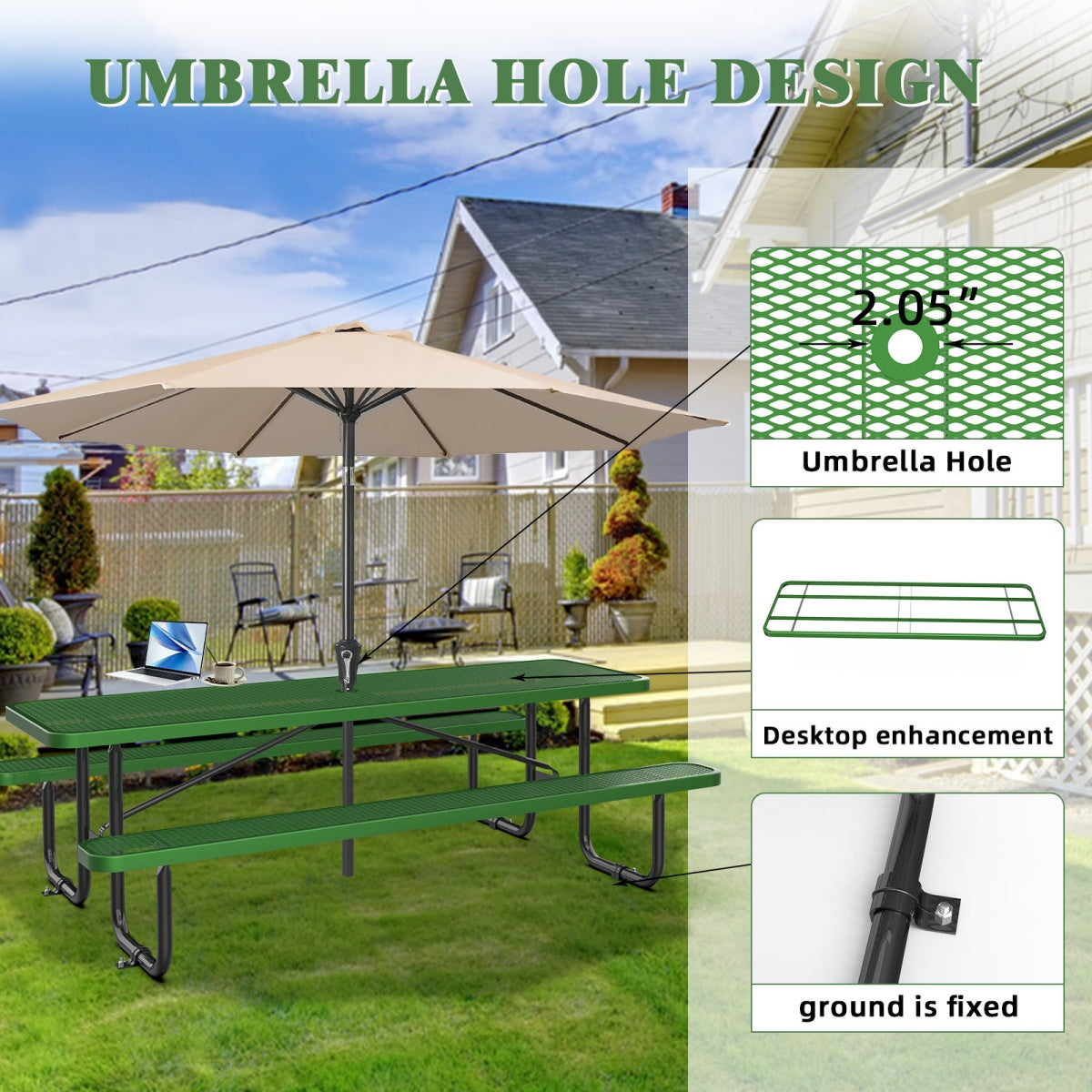 Unused 8ft Rectangle Picnic Table With Umbrella Hole (MSRP: $1,099)