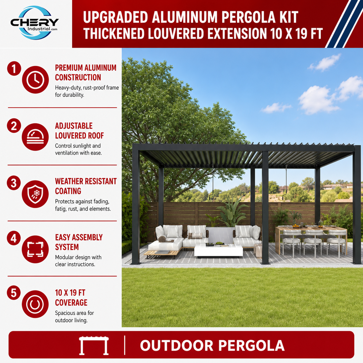 Unused Louvered Pergola Aluminum with Adjustable Roof Extended 10 x 19 ft