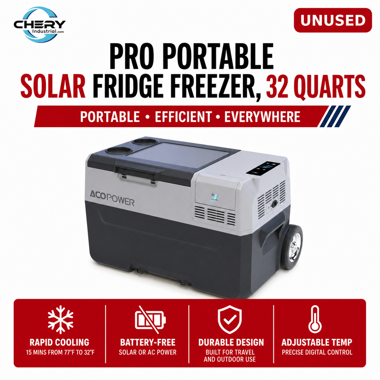 Unused Pro Portable Solar Fridge Freezer, 32 Quarts