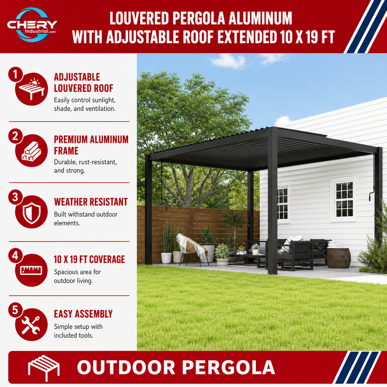 Louvered Pergola Aluminum with Adjustable Roof Extended 10 x 19 ft