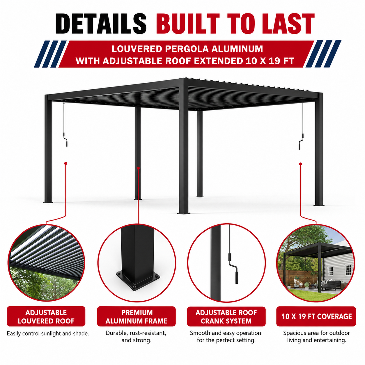 Louvered Pergola Aluminum with Adjustable Roof Extended 10 x 19 ft