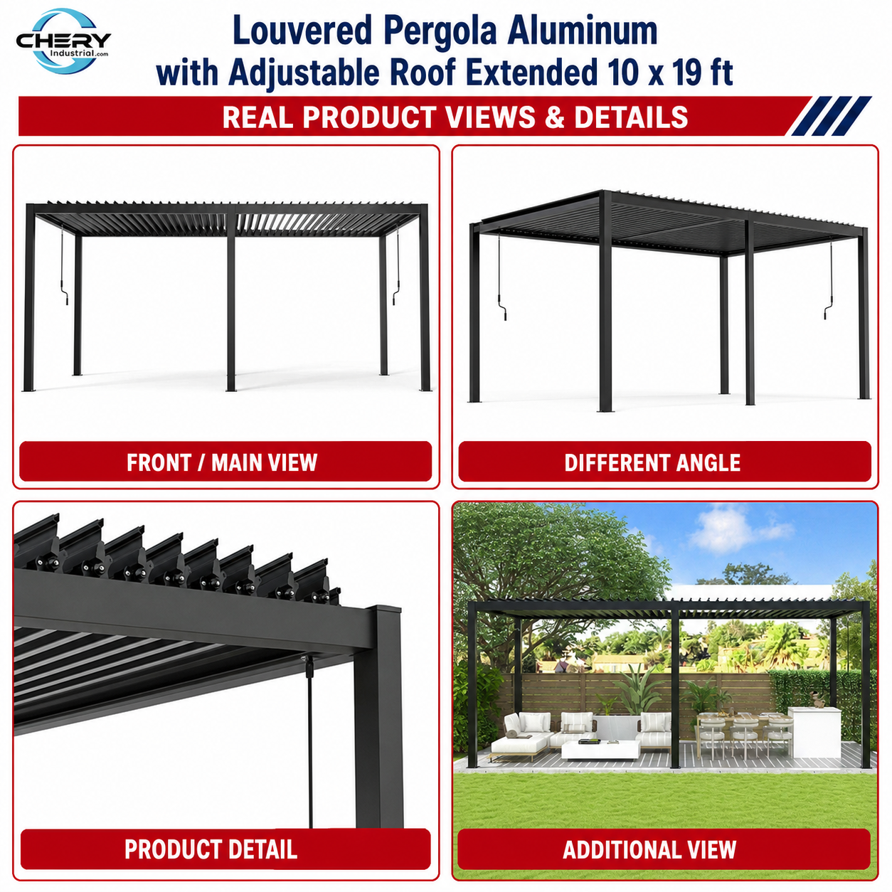 Louvered Pergola Aluminum with Adjustable Roof Extended 10 x 19 ft