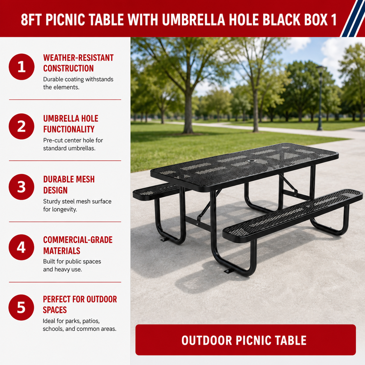 Unused 8ft picnic table with umbrella hole Black box 2 (MSRP: $950)