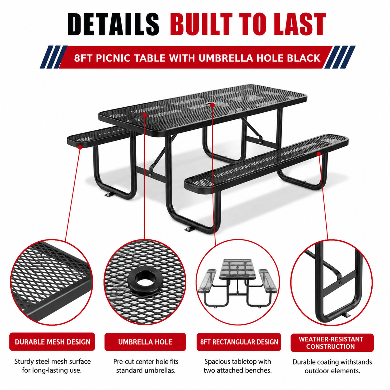 Unused 8ft picnic table with umbrella hole Black box 1 (MSRP: $950)